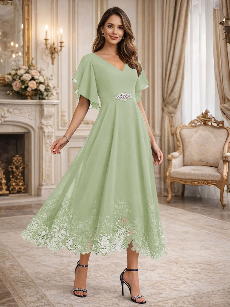 A-Line V-Neck Flying Sleeves Tea-Length Mother of the Bride Dress