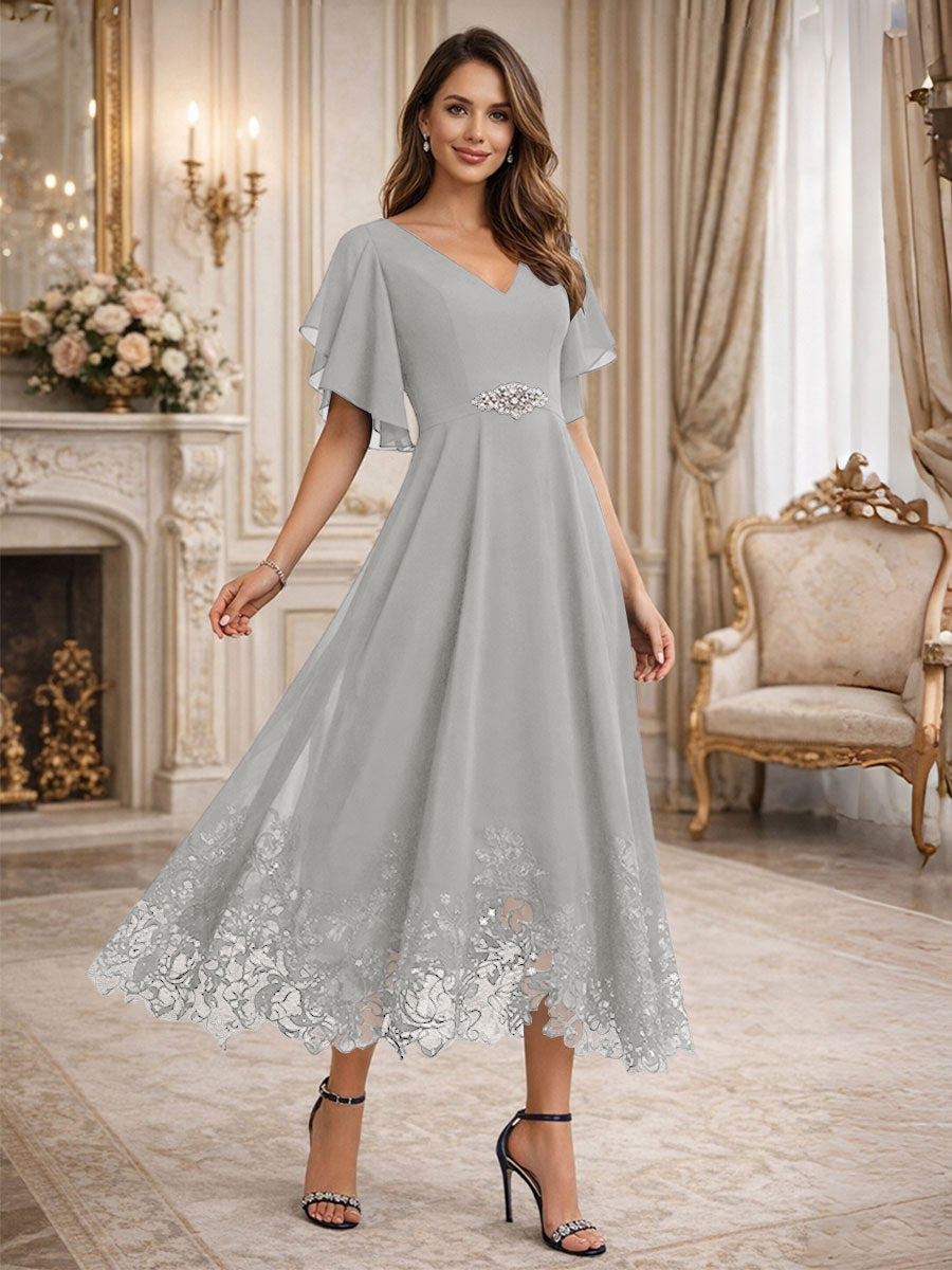 A-Line V-Neck Flying Sleeves Tea-Length Mother of the Bride Dress
