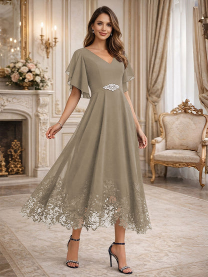 A-Line V-Neck Flying Sleeves Tea-Length Mother of the Bride Dress