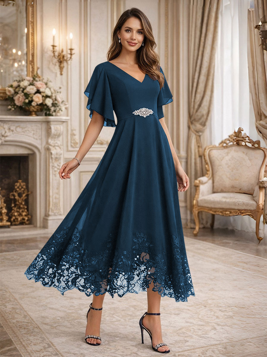 A-Line V-Neck Flying Sleeves Tea-Length Mother of the Bride Dress