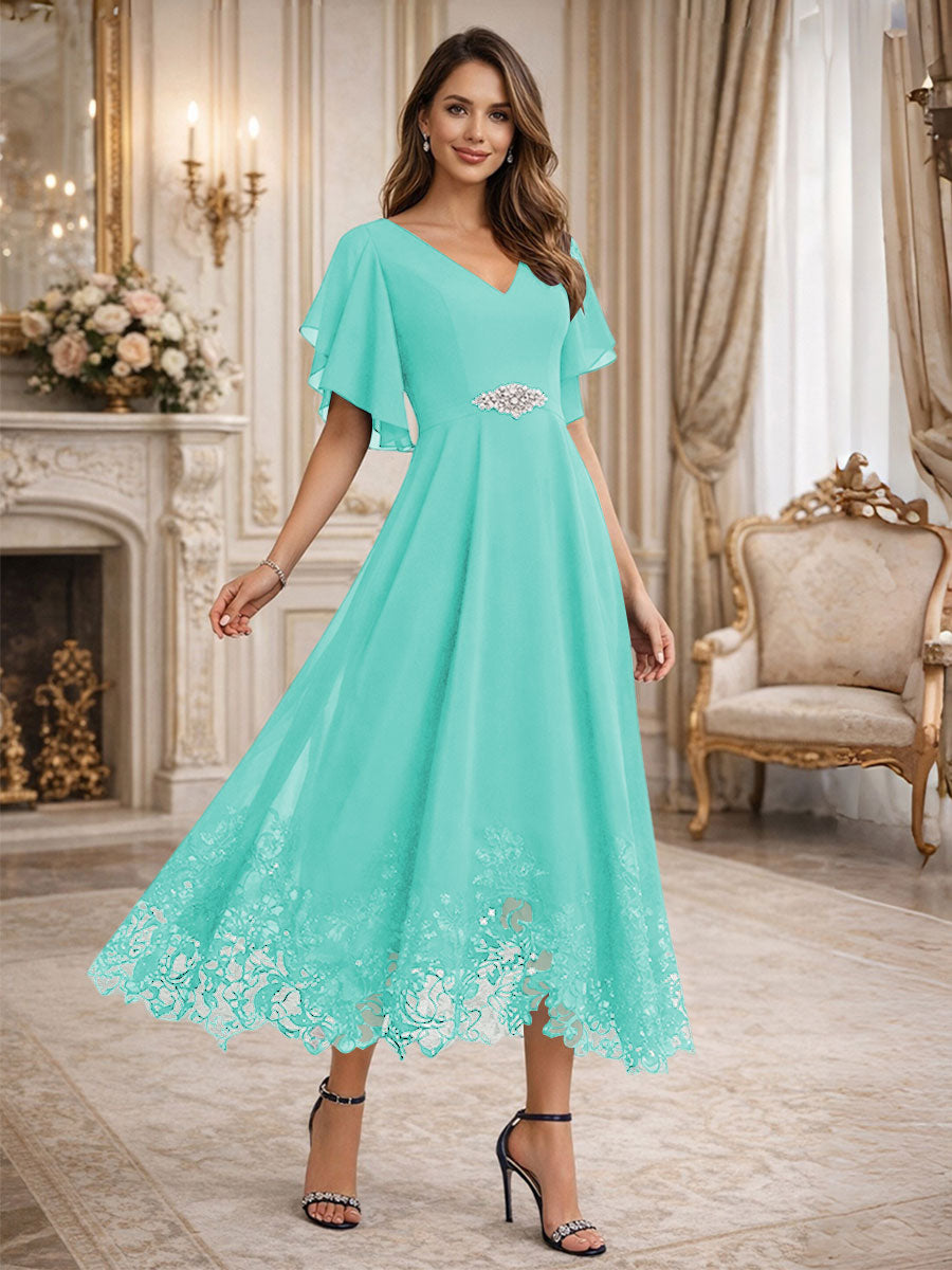A-Line V-Neck Flying Sleeves Tea-Length Mother of the Bride Dress
