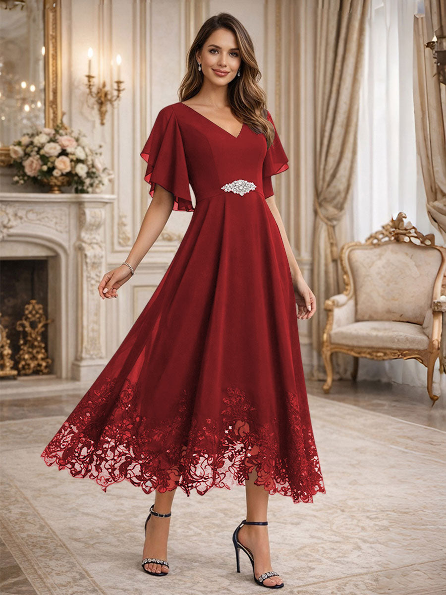 A-Line V-Neck Flying Sleeves Tea-Length Mother of the Bride Dress