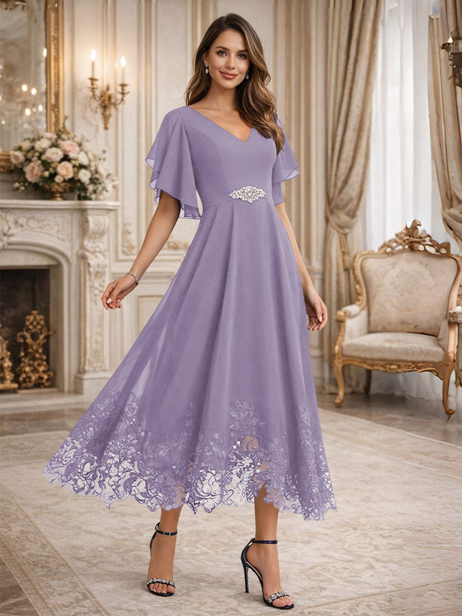 A-Line V-Neck Flying Sleeves Tea-Length Mother of the Bride Dress
