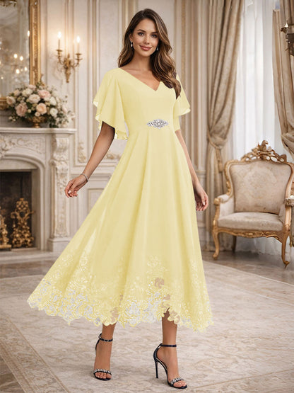 A-Line V-Neck Flying Sleeves Tea-Length Mother of the Bride Dress