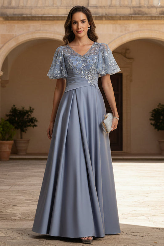 A-Line V-Neck Illusion Pleated Satin Floor-Length Mother of the Bride Dress