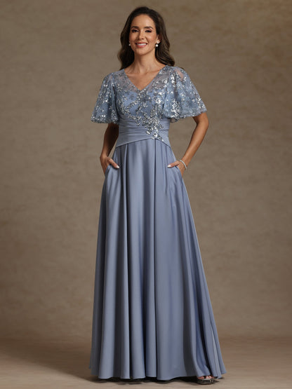 A-Line V-Neck Illusion Pleated Satin Floor-Length Mother of the Bride Dress
