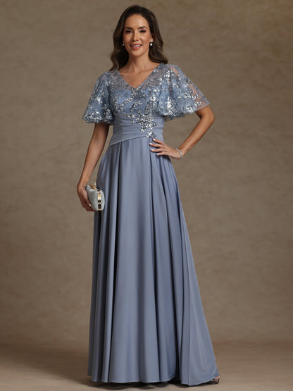 A-Line V-Neck Illusion Pleated Satin Floor-Length Mother of the Bride Dress