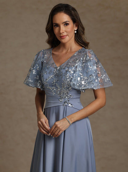 A-Line V-Neck Illusion Pleated Satin Floor-Length Mother of the Bride Dress