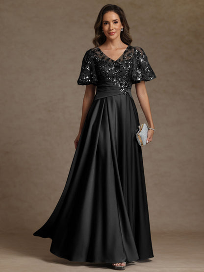 A-Line V-Neck Illusion Pleated Satin Floor-Length Mother of the Bride Dress