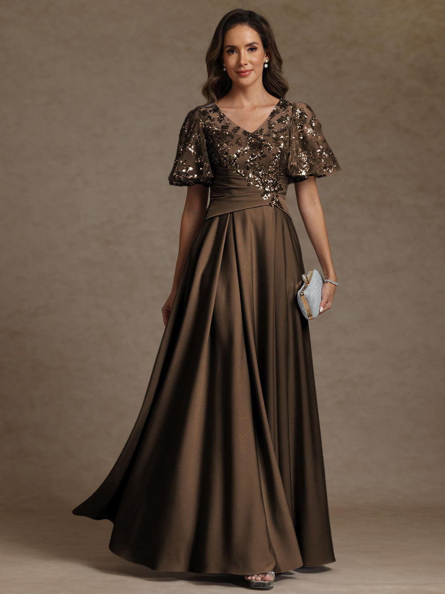 A-Line V-Neck Illusion Pleated Satin Floor-Length Mother of the Bride Dress