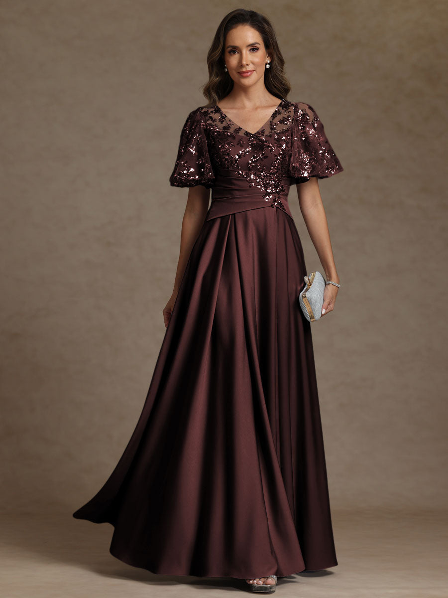 A-Line V-Neck Illusion Pleated Satin Floor-Length Mother of the Bride Dress