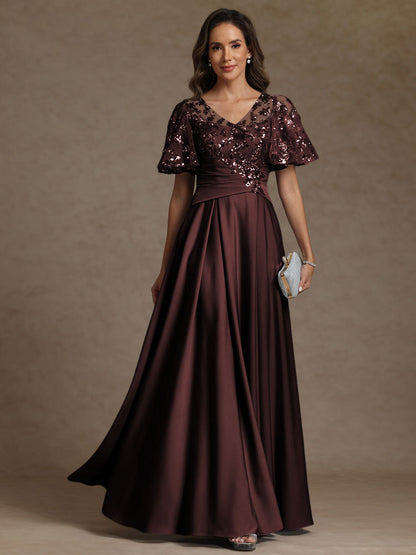 A-Line V-Neck Illusion Pleated Satin Floor-Length Mother of the Bride Dress