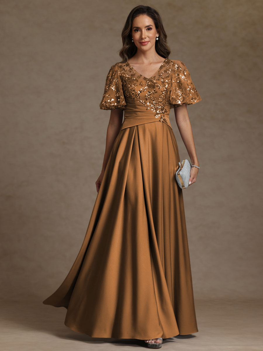 A-Line V-Neck Illusion Pleated Satin Floor-Length Mother of the Bride Dress