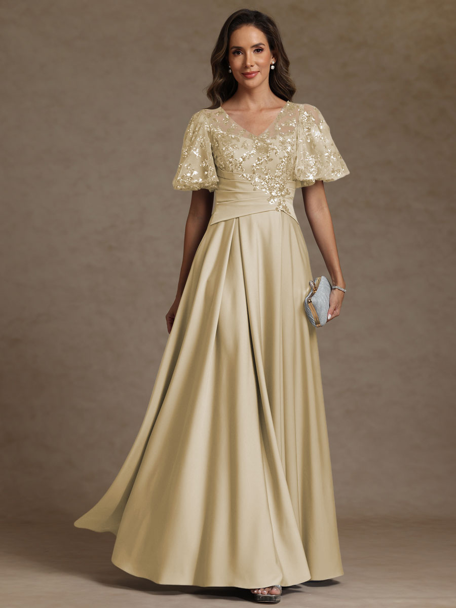 A-Line V-Neck Illusion Pleated Satin Floor-Length Mother of the Bride Dress