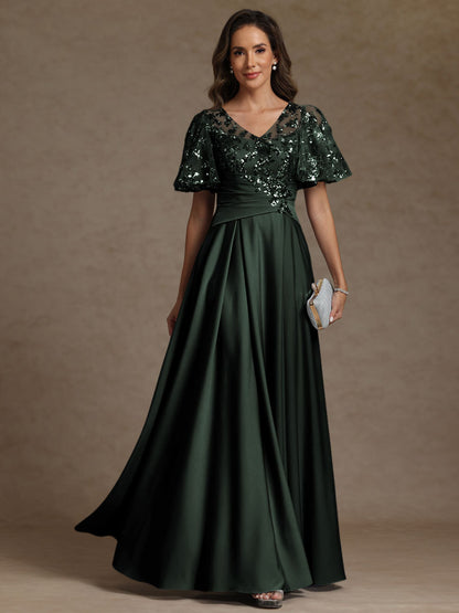A-Line V-Neck Illusion Pleated Satin Floor-Length Mother of the Bride Dress