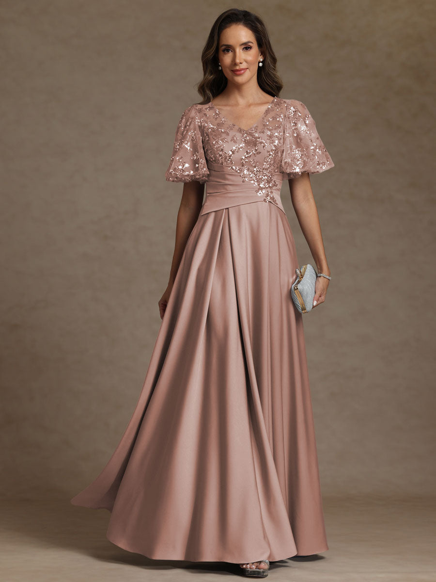 A-Line V-Neck Illusion Pleated Satin Floor-Length Mother of the Bride Dress