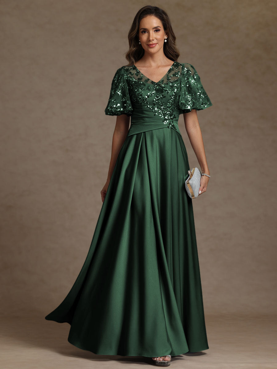 A-Line V-Neck Illusion Pleated Satin Floor-Length Mother of the Bride Dress