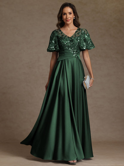 A-Line V-Neck Illusion Pleated Satin Floor-Length Mother of the Bride Dress