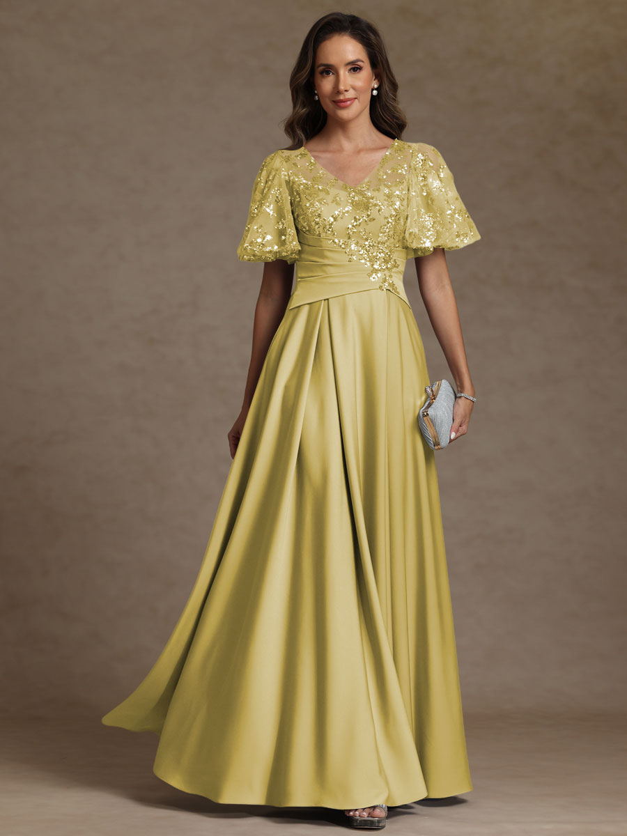 A-Line V-Neck Illusion Pleated Satin Floor-Length Mother of the Bride Dress