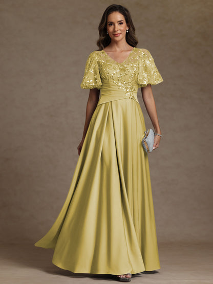 A-Line V-Neck Illusion Pleated Satin Floor-Length Mother of the Bride Dress