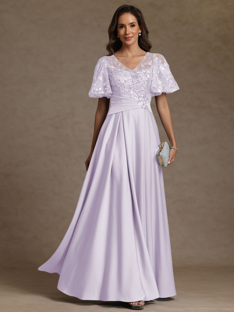 A-Line V-Neck Illusion Pleated Satin Floor-Length Mother of the Bride Dress