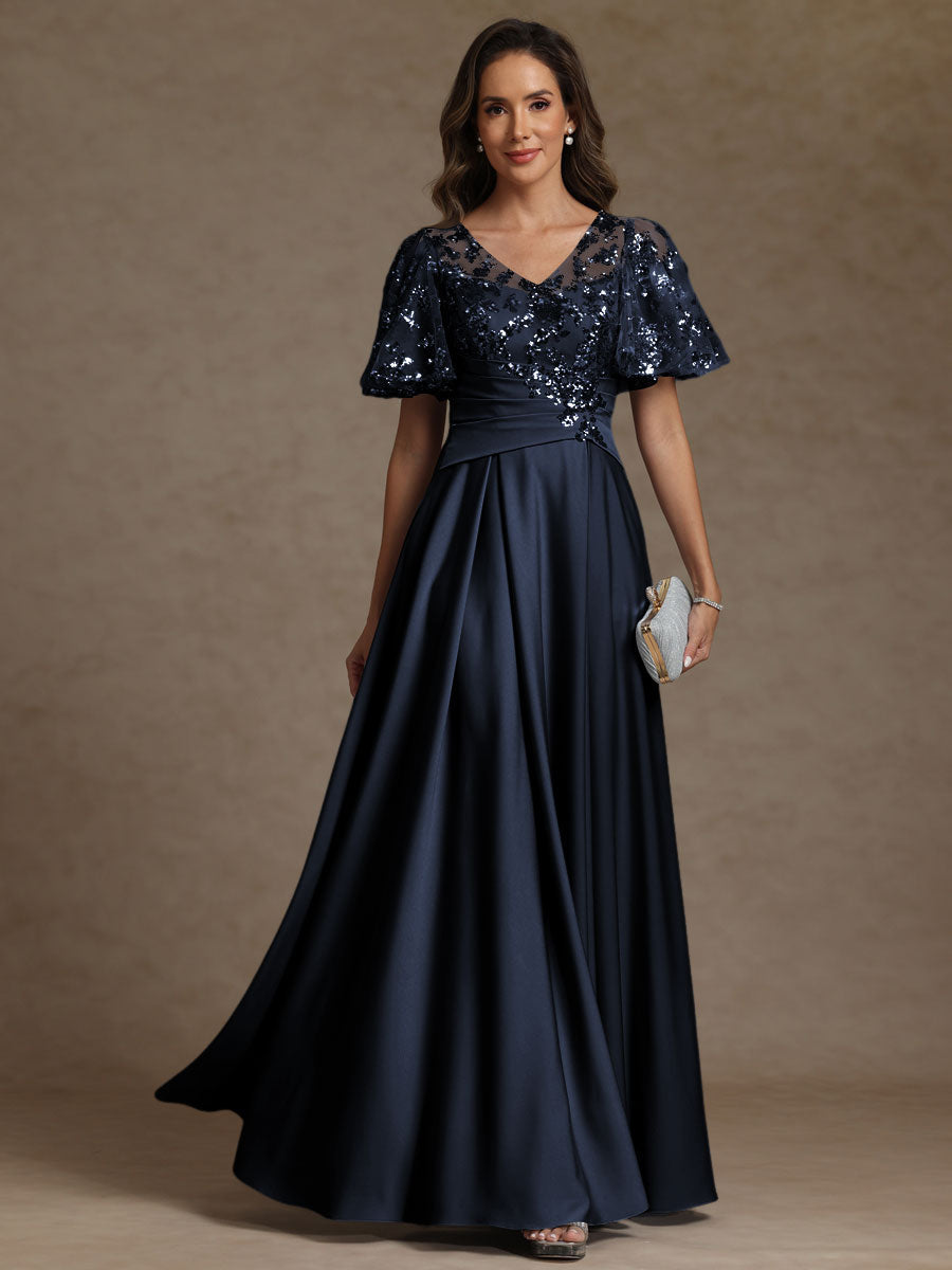 A-Line V-Neck Illusion Pleated Satin Floor-Length Mother of the Bride Dress