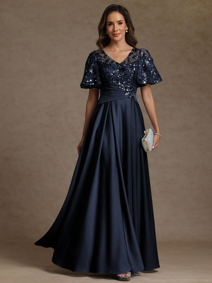 A-Line V-Neck Illusion Pleated Satin Floor-Length Mother of the Bride Dress
