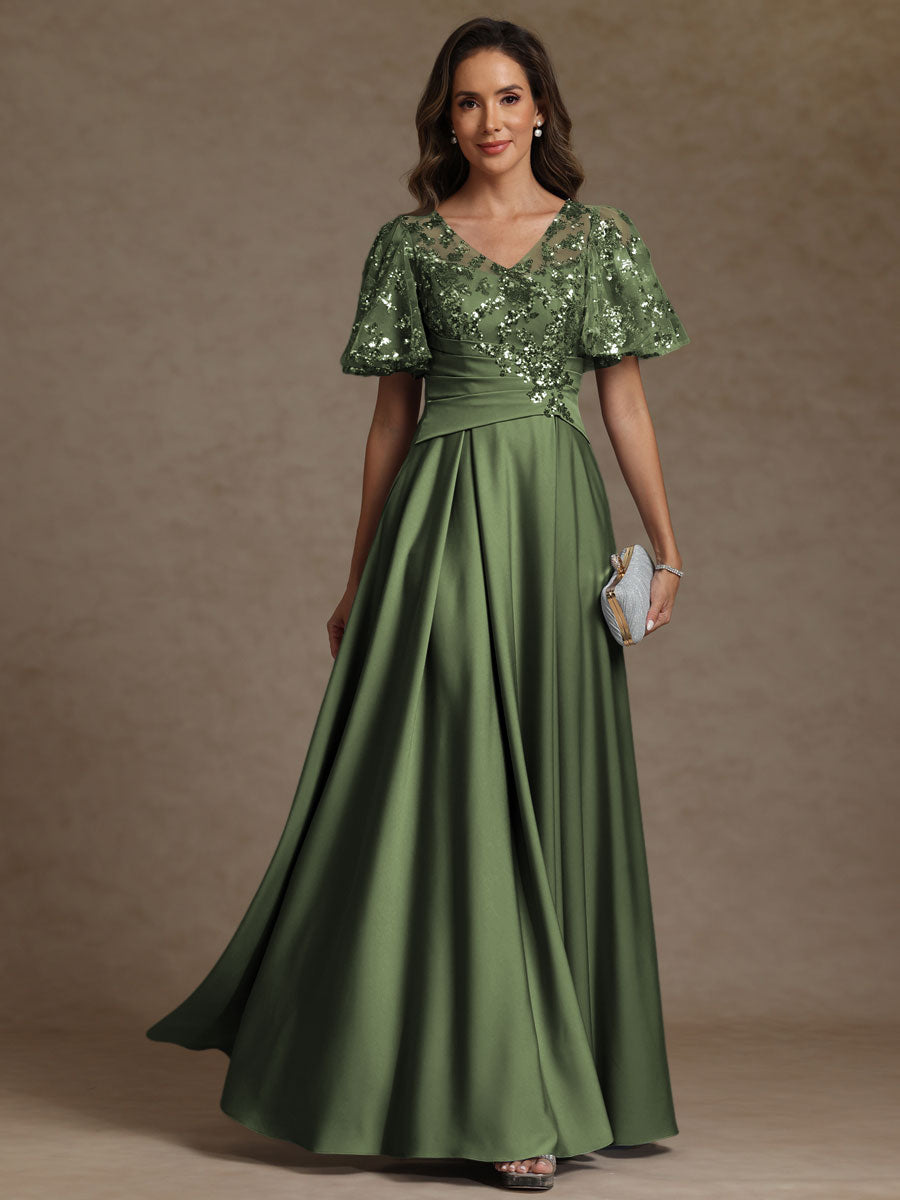 A-Line V-Neck Illusion Pleated Satin Floor-Length Mother of the Bride Dress