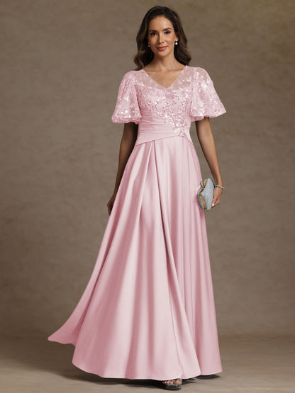 A-Line V-Neck Illusion Pleated Satin Floor-Length Mother of the Bride Dress