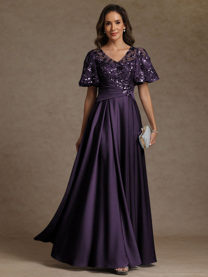 A-Line V-Neck Illusion Pleated Satin Floor-Length Mother of the Bride Dress