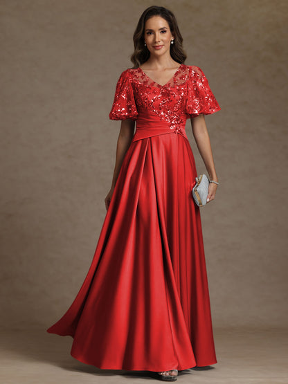 A-Line V-Neck Illusion Pleated Satin Floor-Length Mother of the Bride Dress