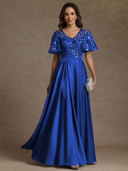 A-Line V-Neck Illusion Pleated Satin Floor-Length Mother of the Bride Dress