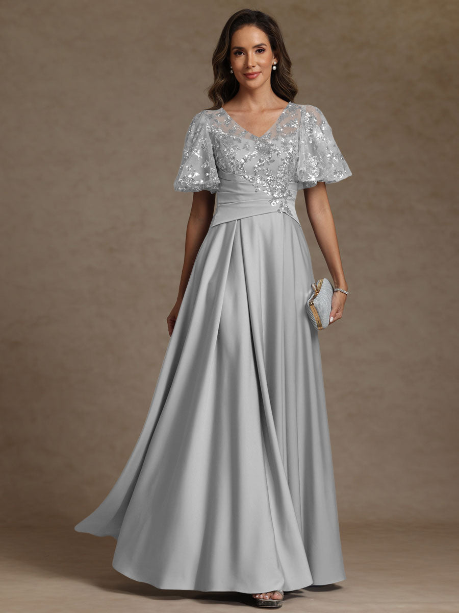 A-Line V-Neck Illusion Pleated Satin Floor-Length Mother of the Bride Dress