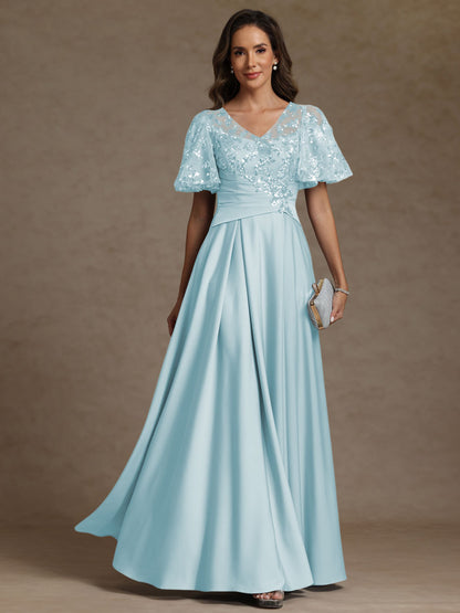 A-Line V-Neck Illusion Pleated Satin Floor-Length Mother of the Bride Dress