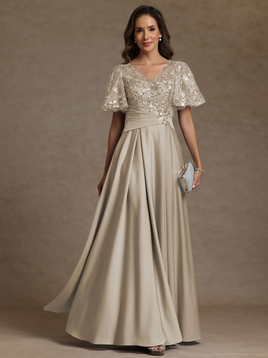 A-Line V-Neck Illusion Pleated Satin Floor-Length Mother of the Bride Dress