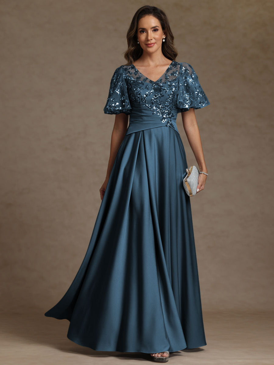 A-Line V-Neck Illusion Pleated Satin Floor-Length Mother of the Bride Dress