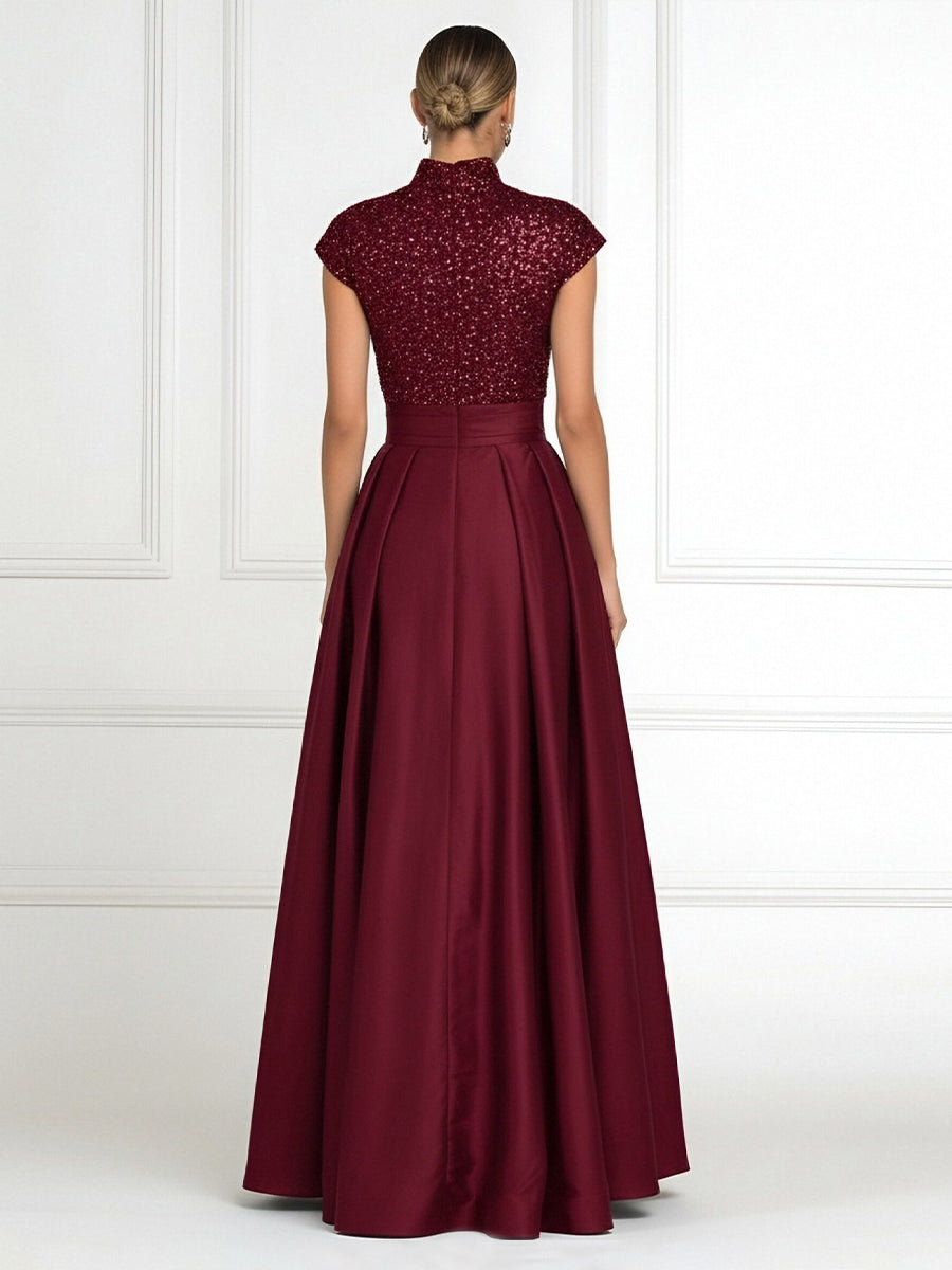 Princess Stand Collar Short Sleeve Long Elegant Mother of Bride Dress
