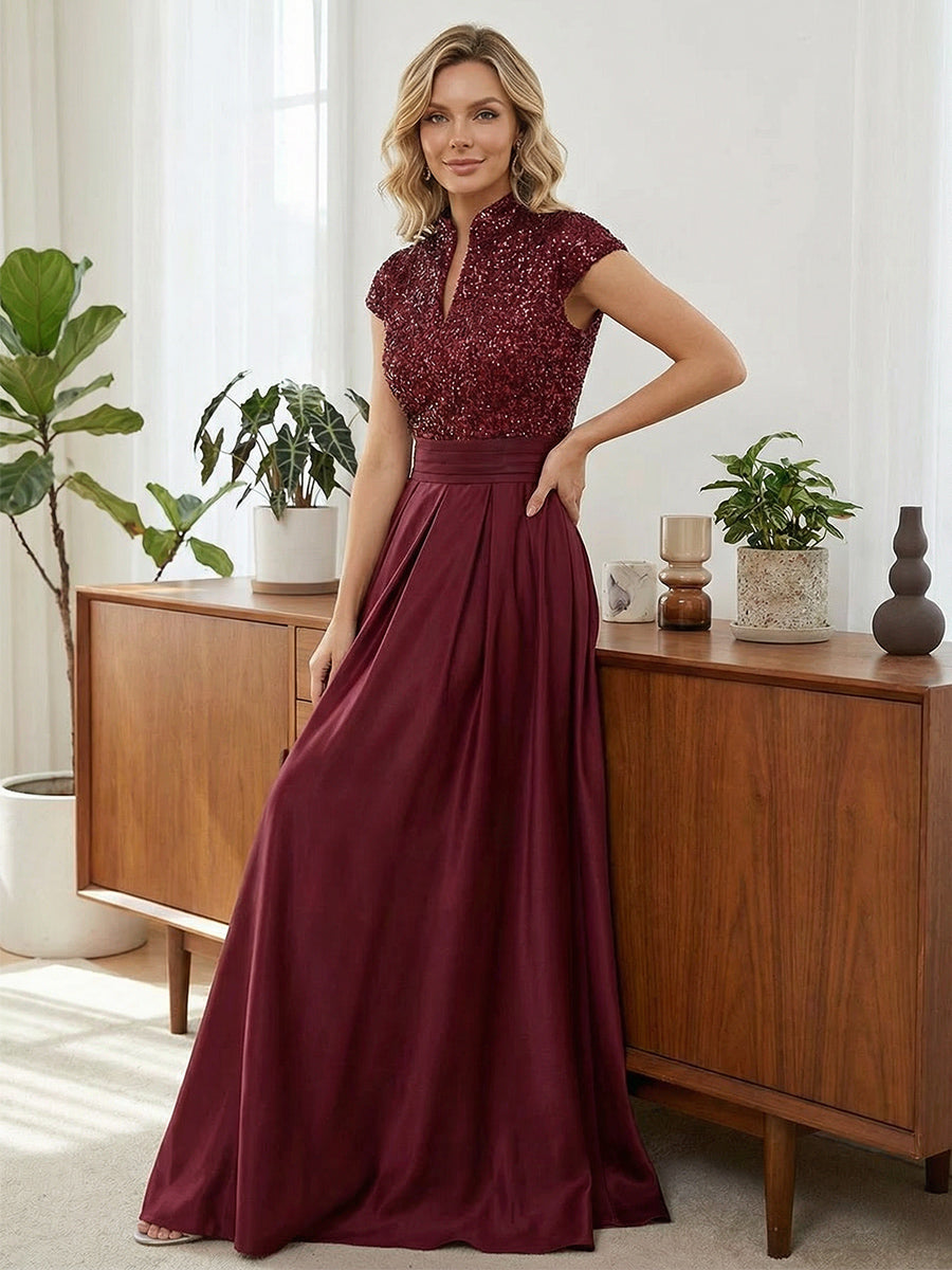 Princess Stand Collar Short Sleeve Long Elegant Mother of Bride Dress