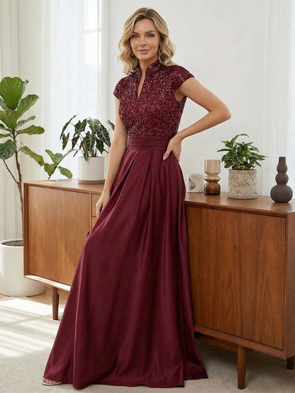Princess Stand Collar Short Sleeve Long Elegant Mother of Bride Dress