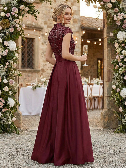 Princess Stand Collar Short Sleeve Long Elegant Mother of Bride Dress