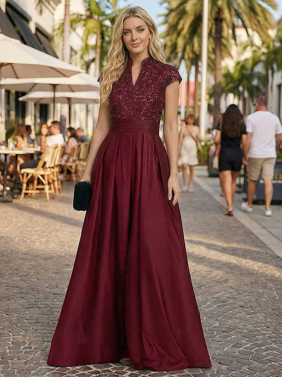 Princess Stand Collar Short Sleeve Long Elegant Mother of Bride Dress