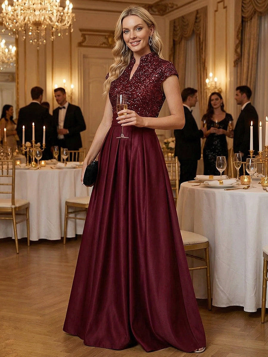 Princess Stand Collar Short Sleeve Long Elegant Mother of Bride Dress