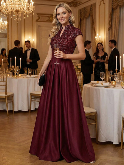 Princess Stand Collar Short Sleeve Long Elegant Mother of Bride Dress