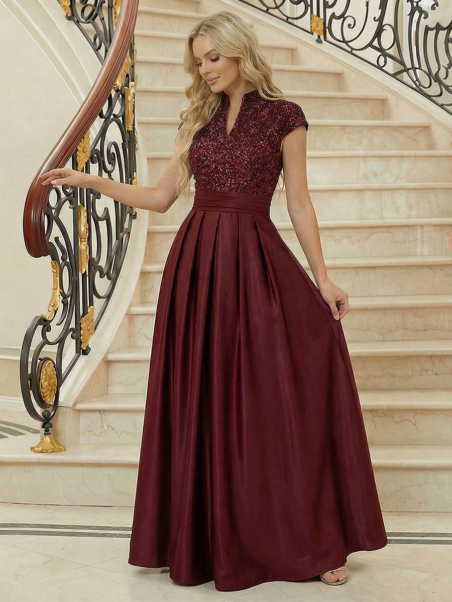 Princess Stand Collar Short Sleeve Long Elegant Mother of Bride Dress