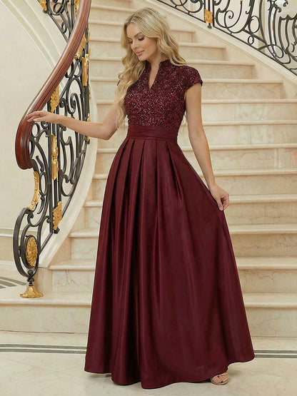 Princess Stand Collar Short Sleeve Long Elegant Mother of Bride Dress