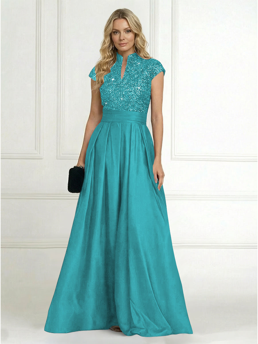 Princess Stand Collar Short Sleeve Long Elegant Mother of Bride Dress