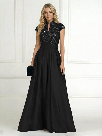 Princess Stand Collar Short Sleeve Long Elegant Mother of Bride Dress