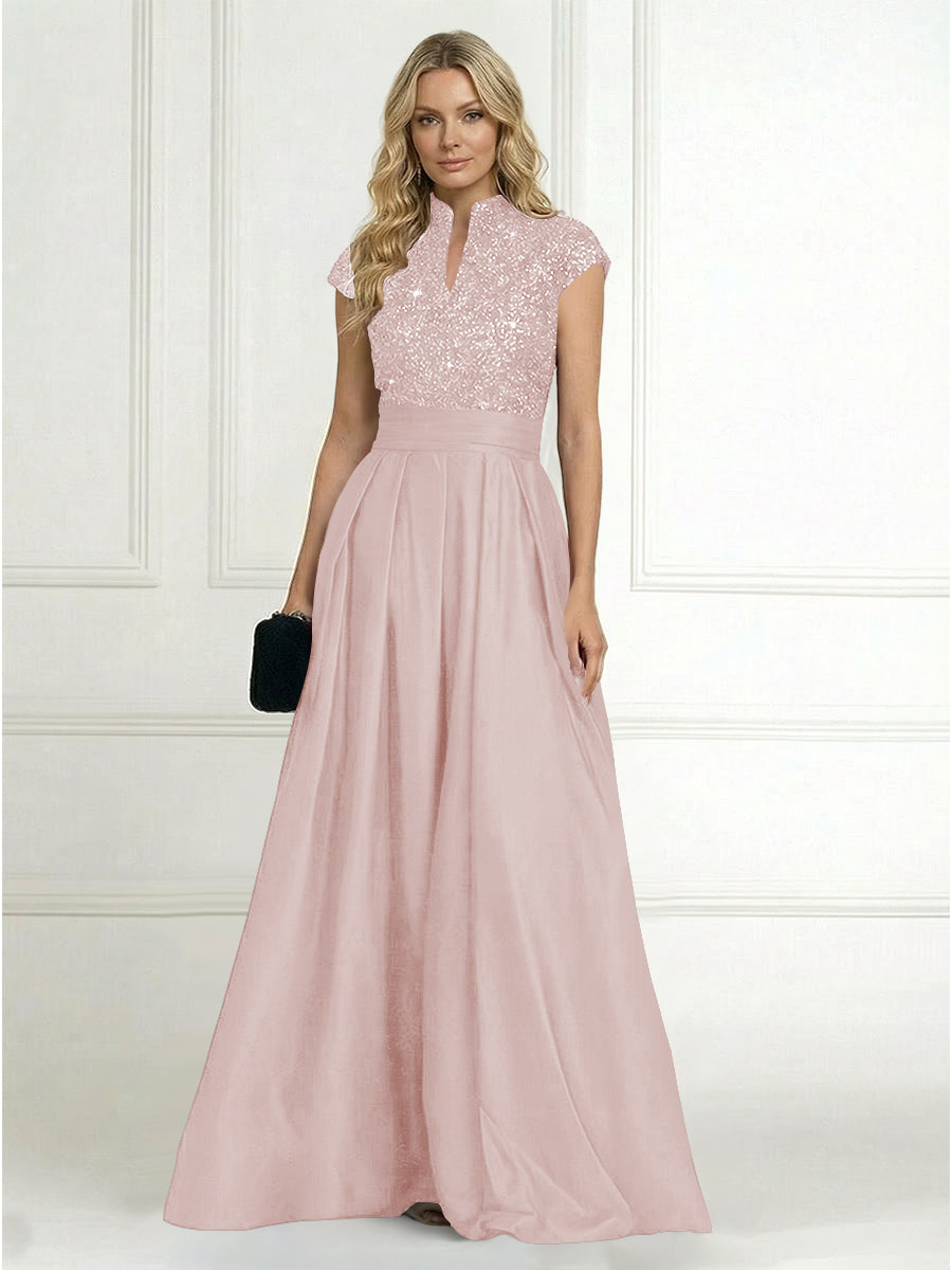 Princess Stand Collar Short Sleeve Long Elegant Mother of Bride Dress