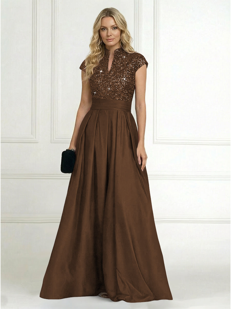Princess Stand Collar Short Sleeve Long Elegant Mother of Bride Dress