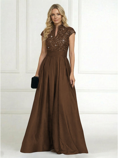 Princess Stand Collar Short Sleeve Long Elegant Mother of Bride Dress